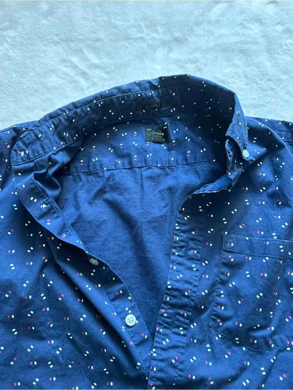 J. Crew Slim Fit Navy Short-Sleeve Button-Down with Red White Blue Micro Dots